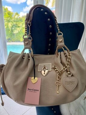 Juicy Couture Taupe Shoulder Bag with Gold Hardware and Heart Charm
